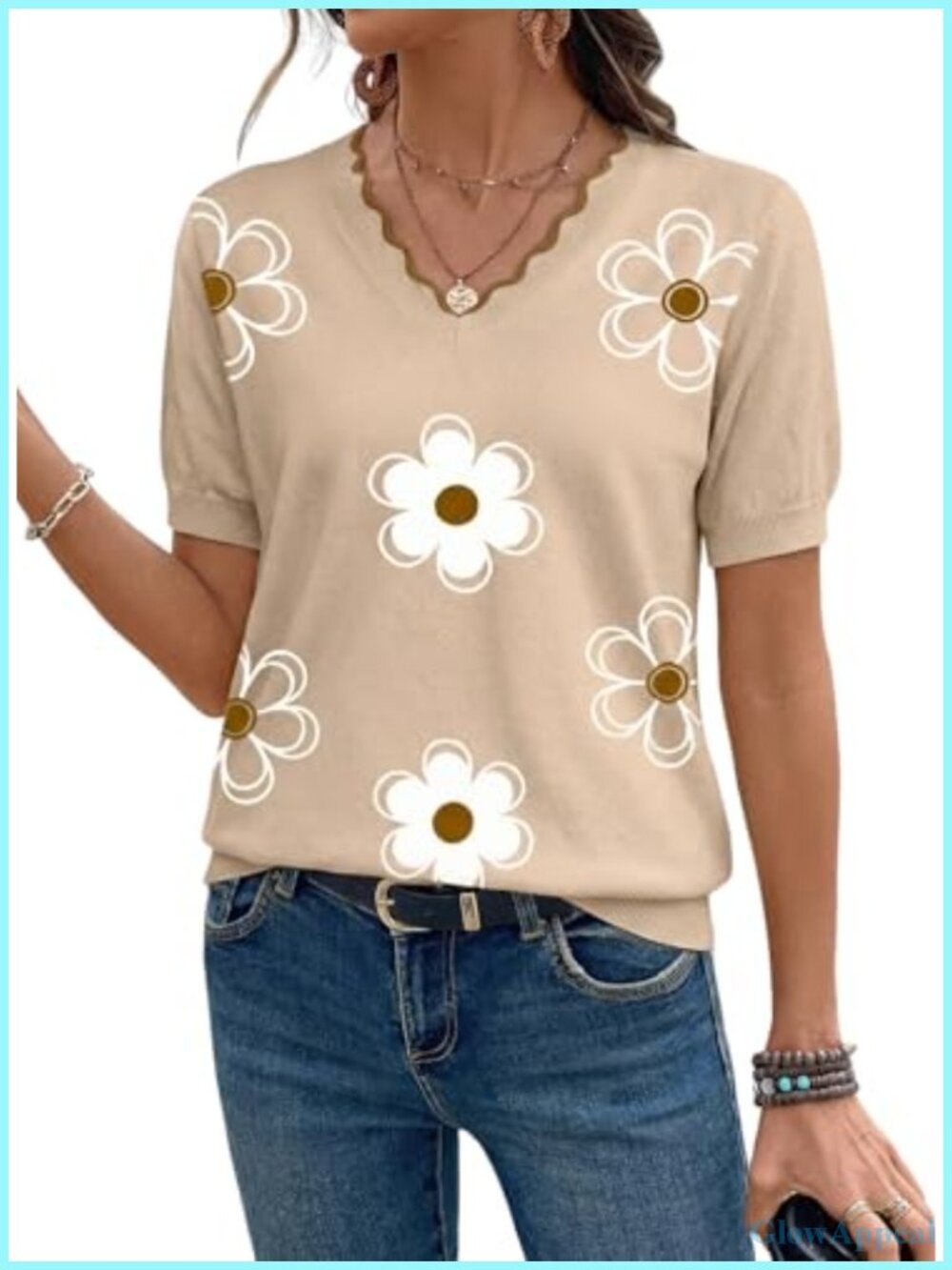 Women's Short Sleeve Knit Pullover Sweater - V-Neck Ruffle Top